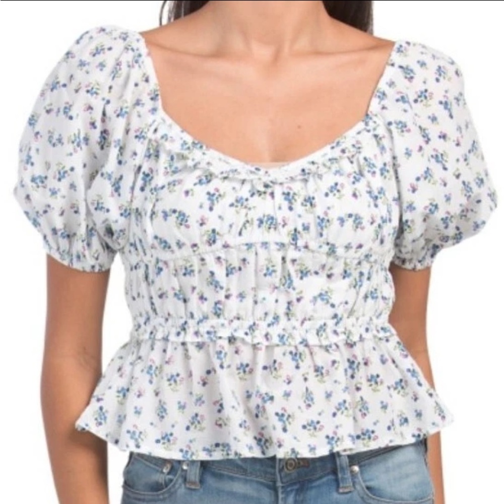 RAHI Boho Floral Puff Sleeve Chic Floral Print Crop Blouse Women's Size Medium